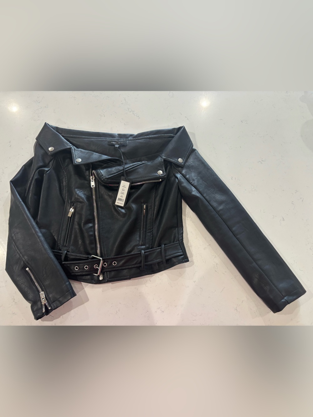 Romeo & Juliet Couture Black Faux Leather Off-Shoulder Moto Jacket